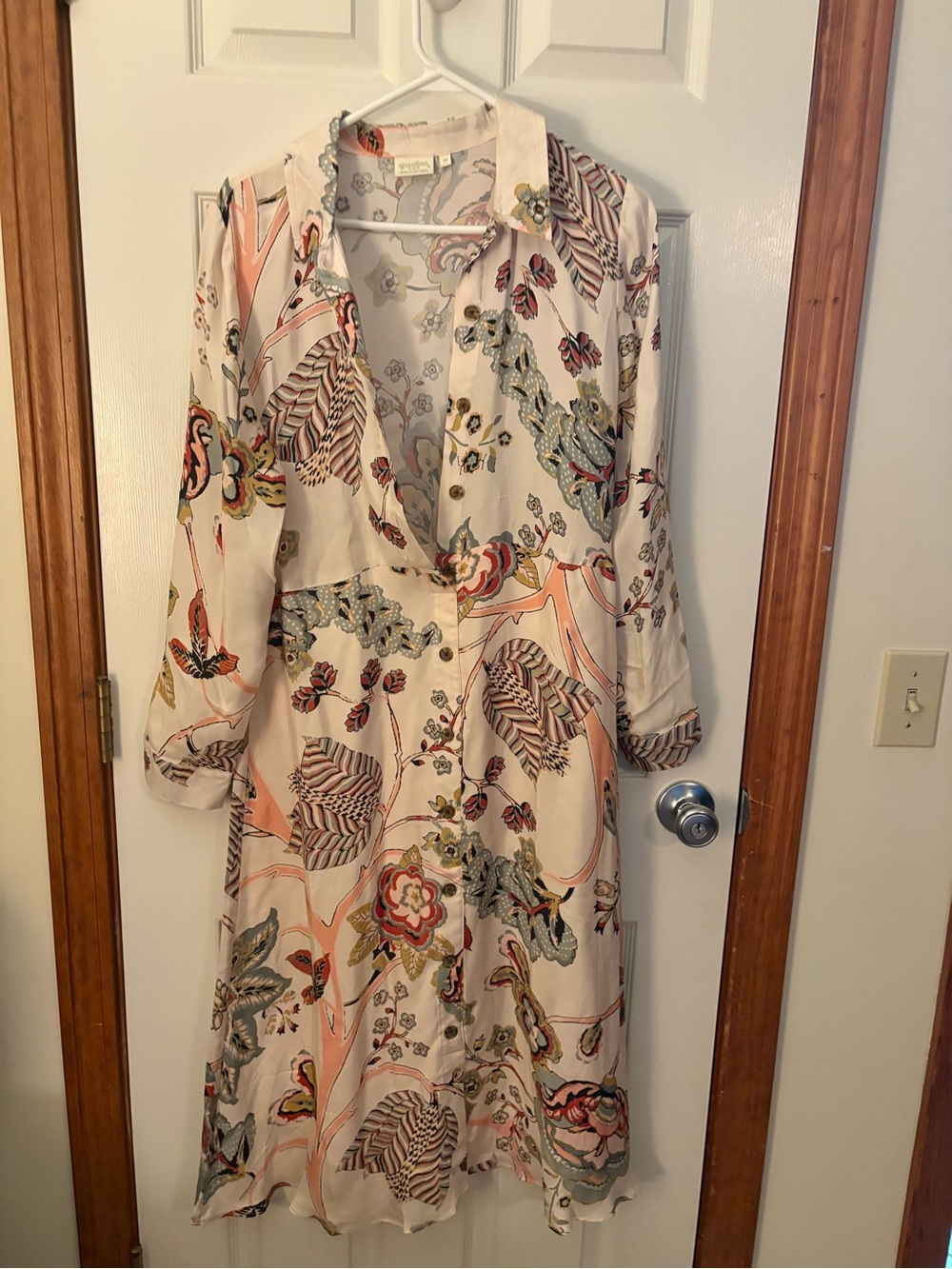 Spartina 449 Cream Floral Button-Front Midi Dress with Peach & Green Accents